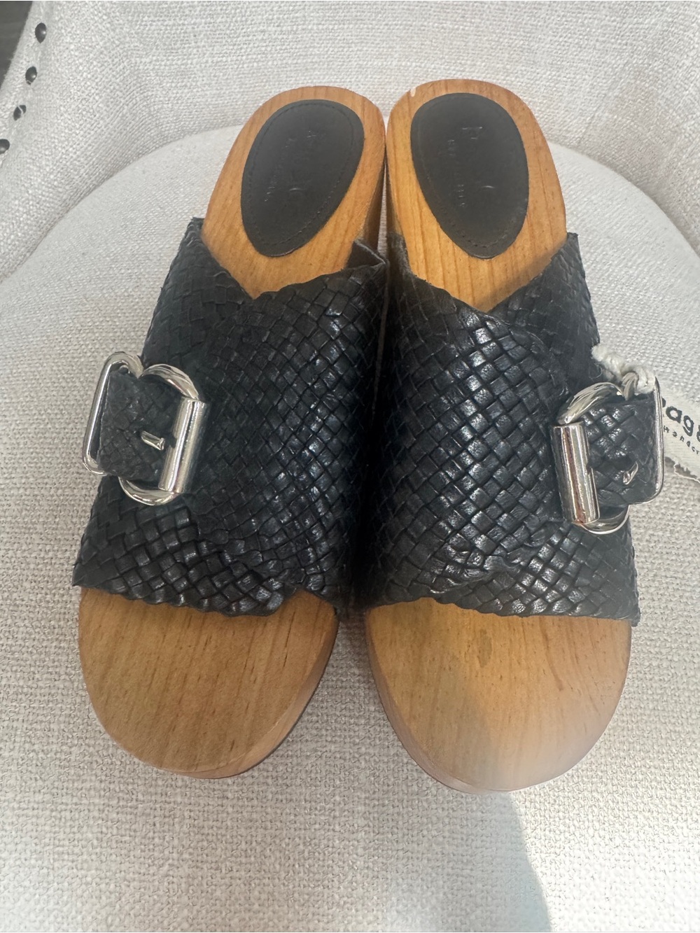 Black Woven Leather Slide Mules with Silver Buckle